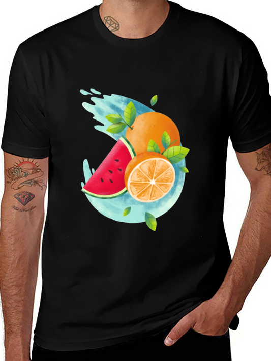 Summer Fruit Splash Graphic Tee - Black Casual T-Shirt