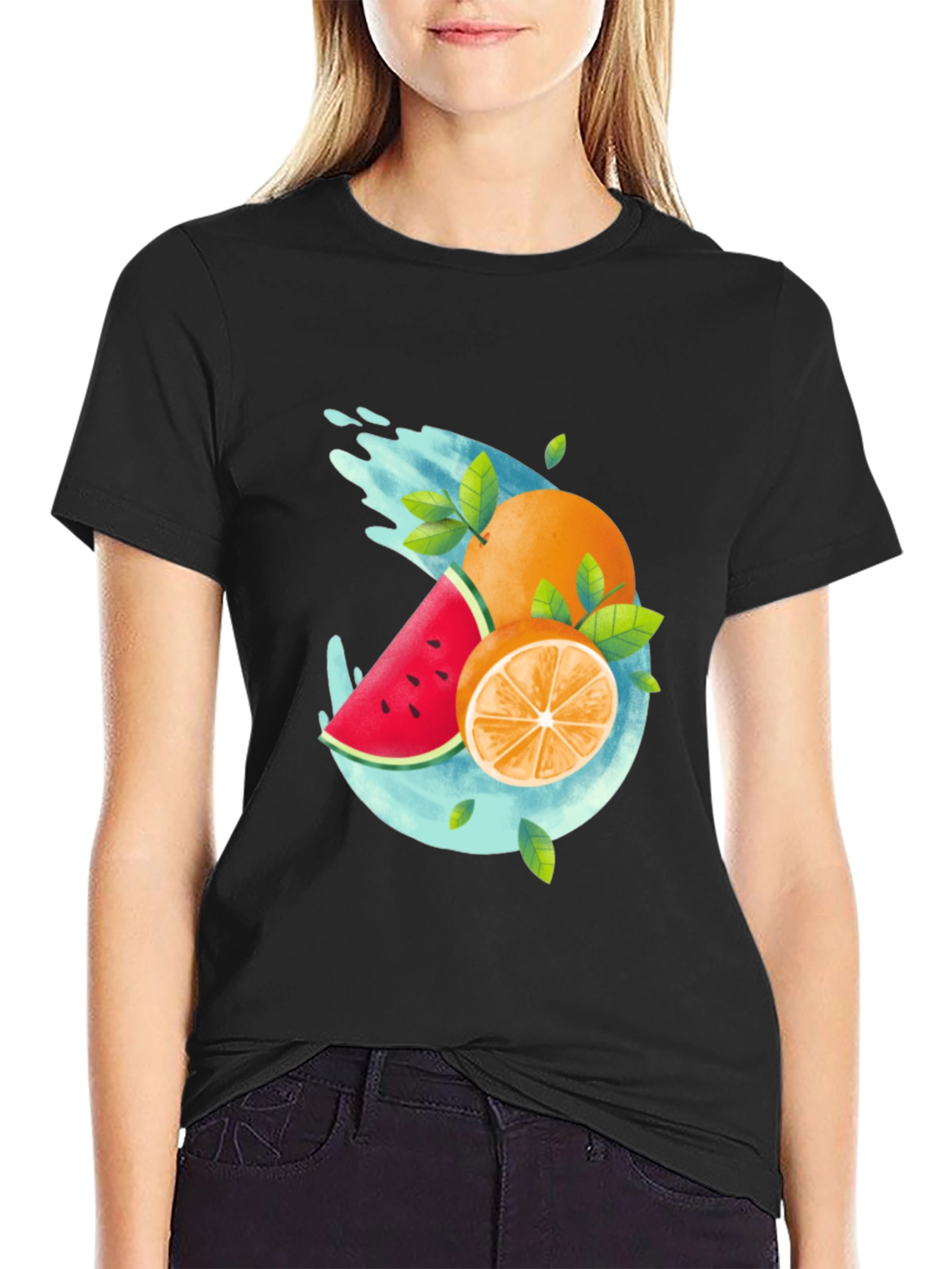Summer Fruit Splash Graphic Tee - Black Casual T-Shirt