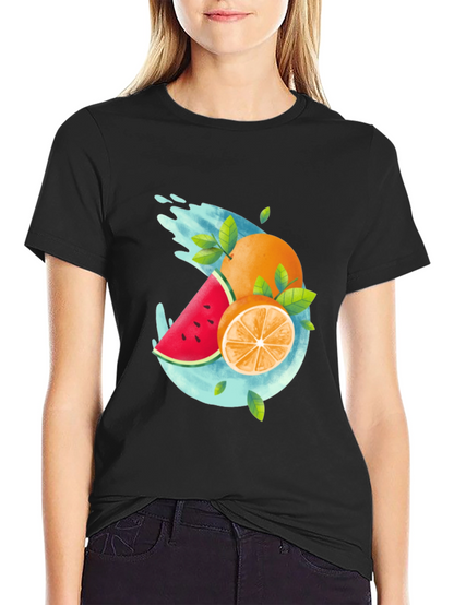 Summer Fruit Splash Graphic Tee - Black Casual T-Shirt