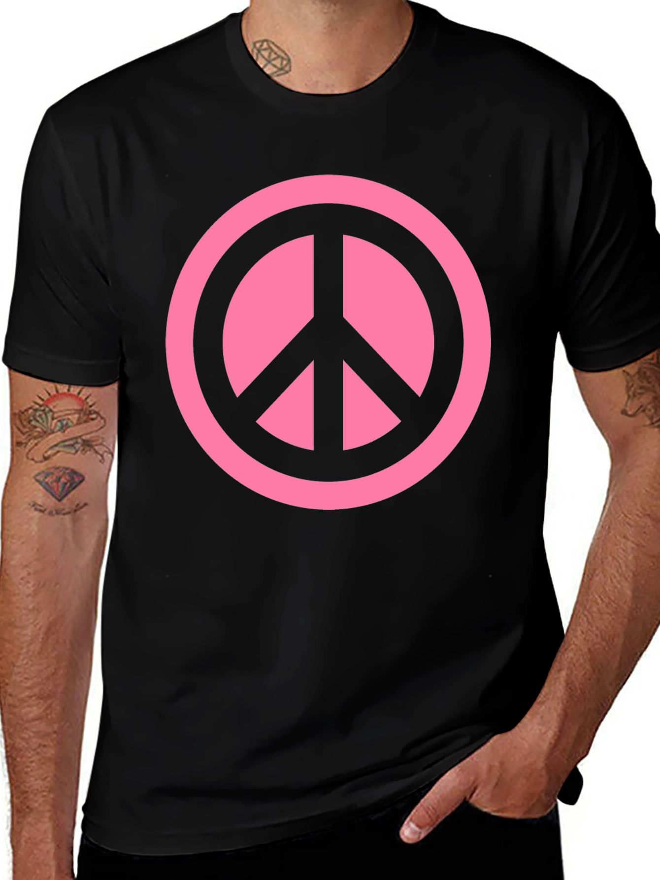Pink Peace Sign Graphic Black T-Shirt