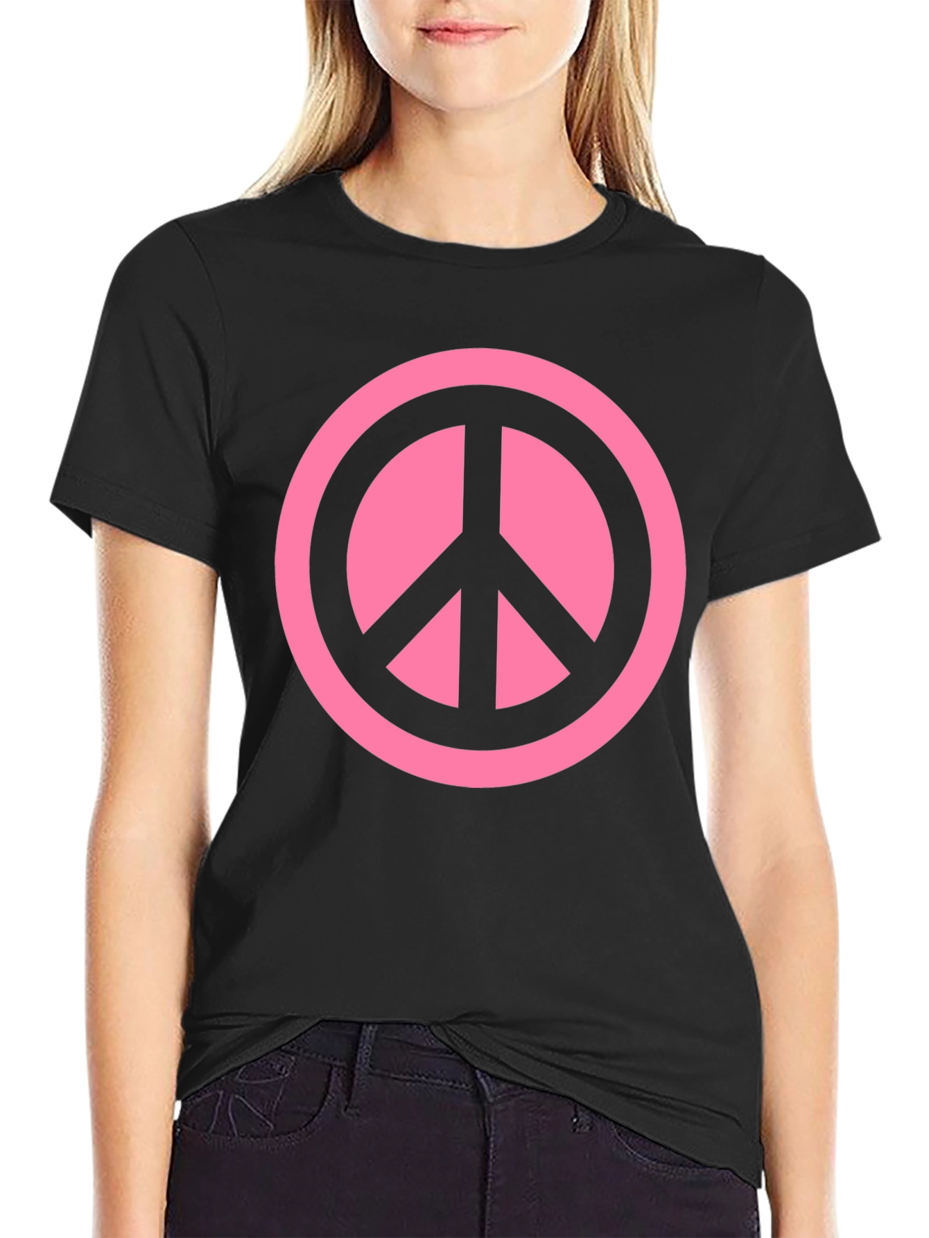 Pink Peace Sign Graphic Black T-Shirt