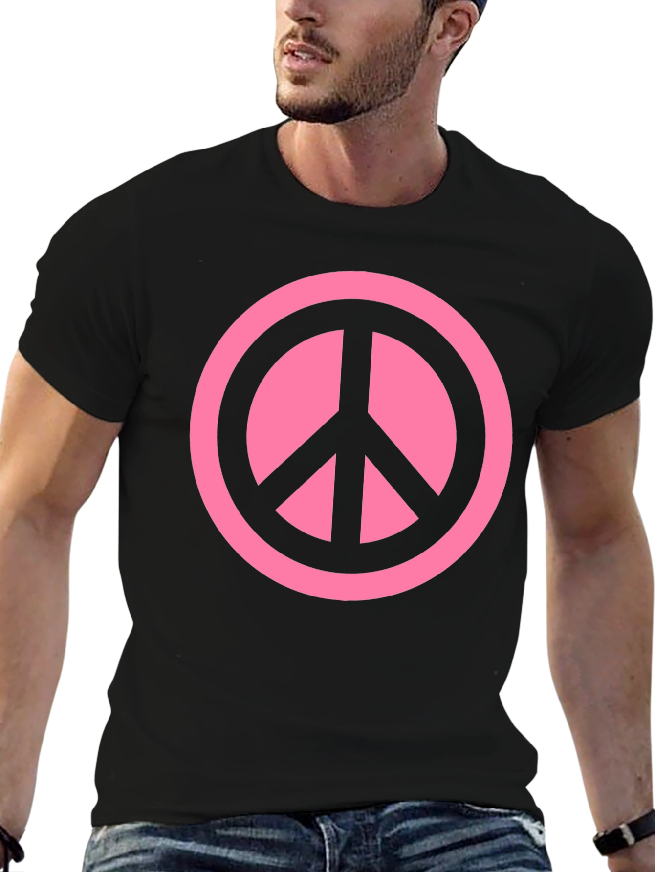 Pink Peace Sign Graphic Black T-Shirt