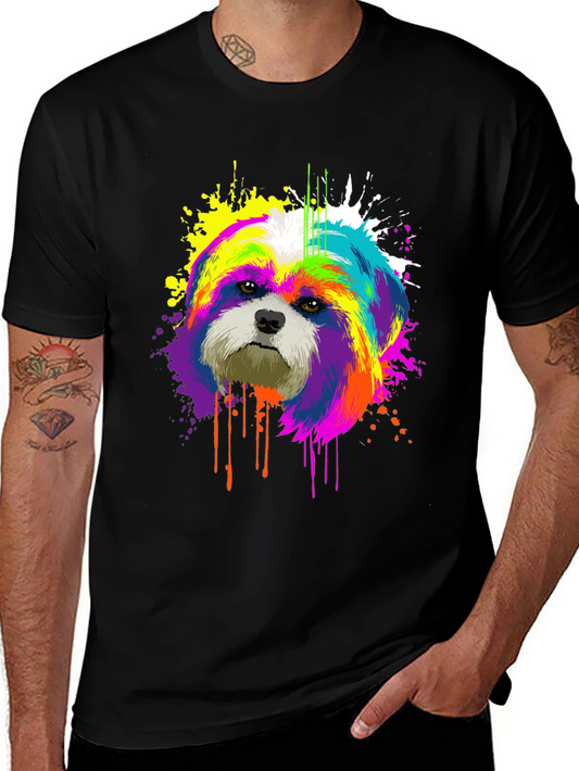 Colorful Dog Graphic Print Black T-Shirt