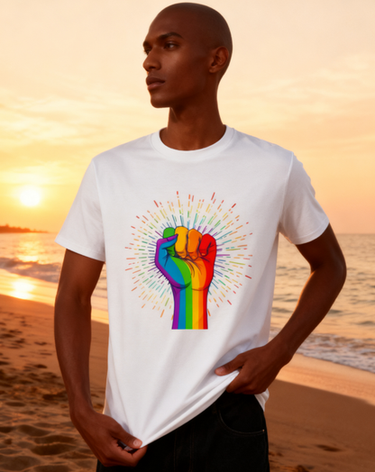 Rainbow Fist LGBTQ+ Pride T-Shirt - 100% Cotton, Bold Equality Tee for Pride Events & Daily Occasions