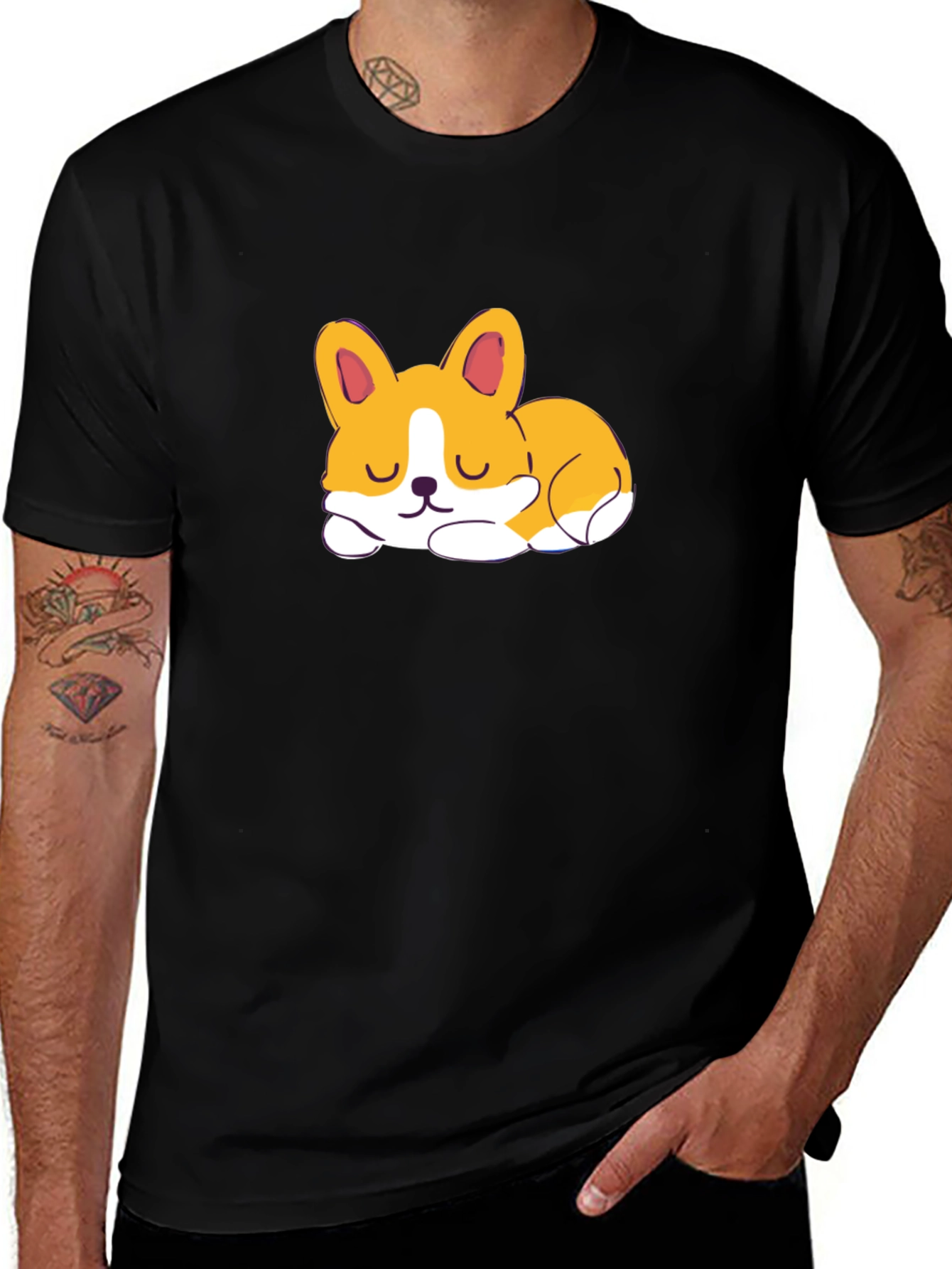 Cute Corgi Sleeping Graphic Black T-Shirt