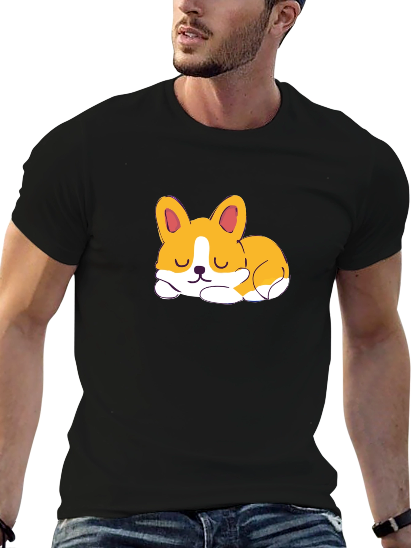 Cute Corgi Sleeping Graphic Black T-Shirt