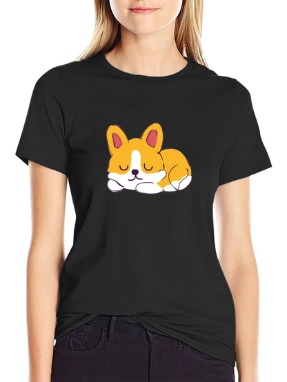 Cute Corgi Sleeping Graphic Black T-Shirt