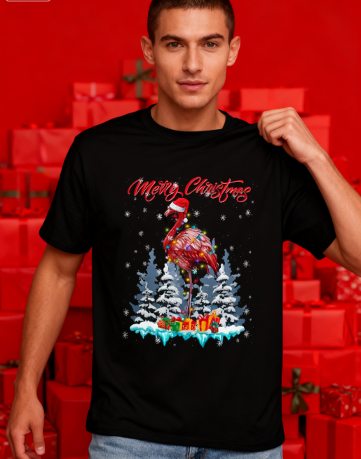 Merry Christmas Flamingo Graphic T-Shirt - 100% Cotton, Festive Exclusive for Holiday Parties & Casual Occasions