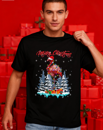 Merry Christmas Flamingo Graphic T-Shirt - 100% Cotton, Festive Exclusive for Holiday Parties & Casual Occasions