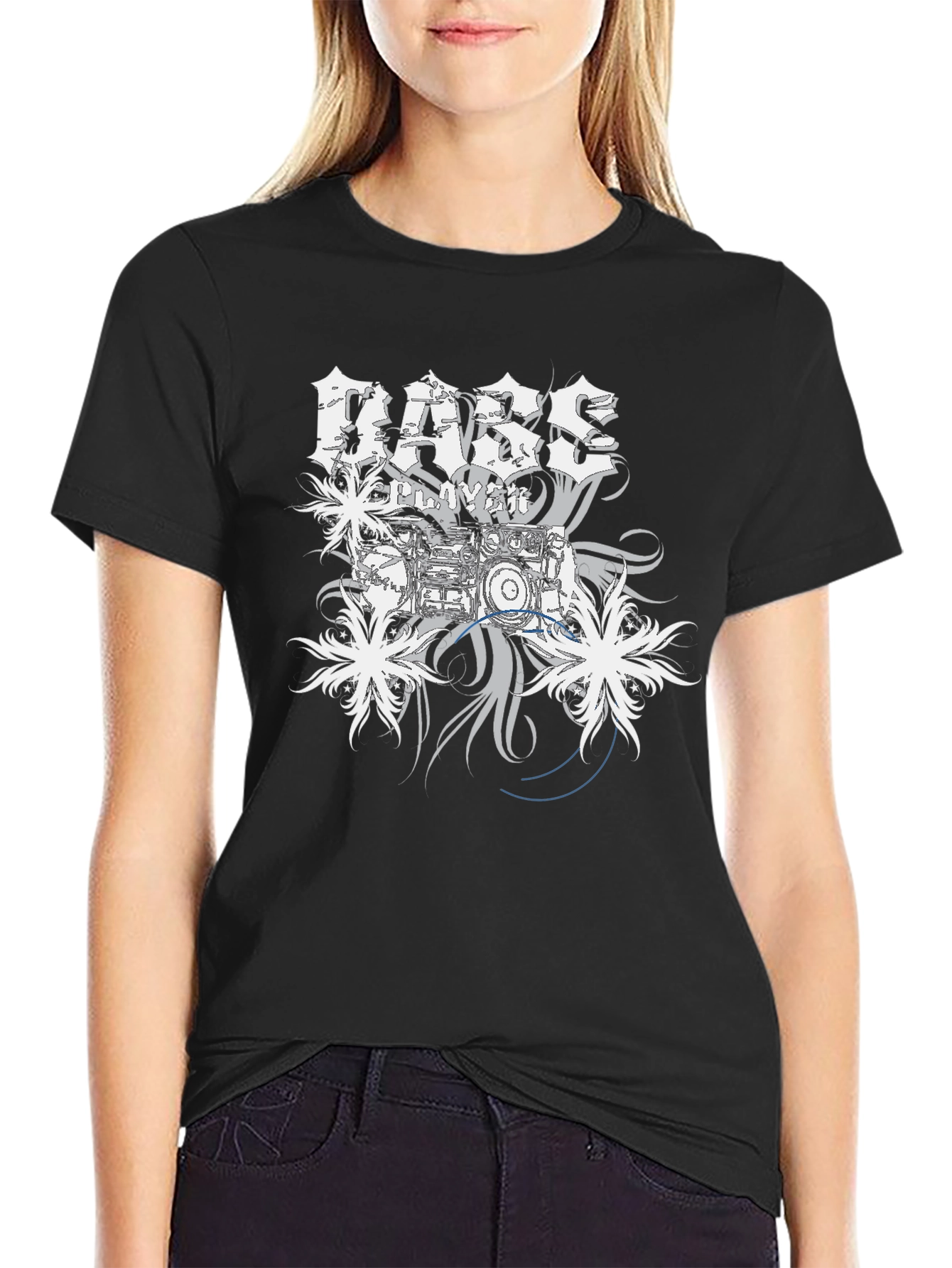 Bass Player Drum Kit Graphic Print Black T-Shirt
