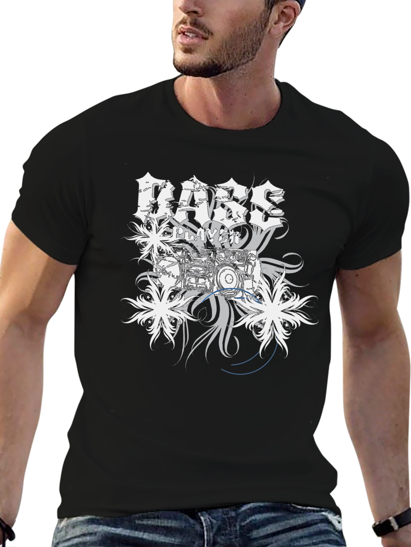 Bass Player Drum Kit Graphic Print Black T-Shirt