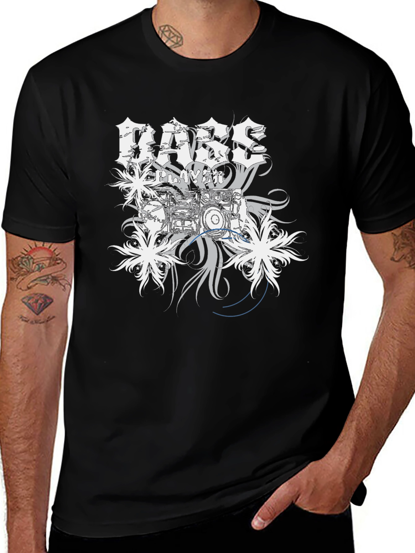 Bass Player Drum Kit Graphic Print Black T-Shirt
