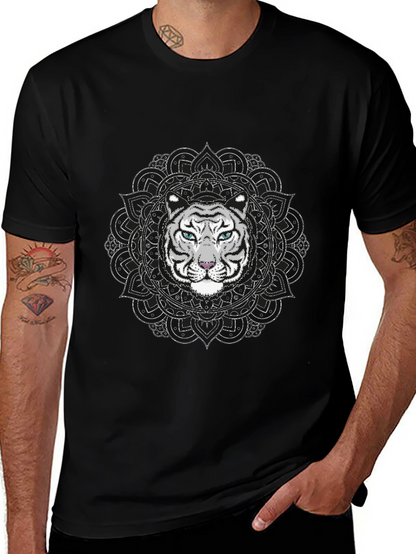 White Tiger Mandala Graphic Tee - Stylish Black T-Shirt