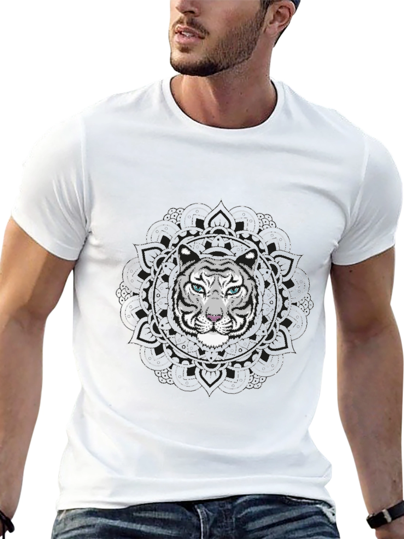 White Tiger Mandala Graphic Tee - Stylish Black T-Shirt