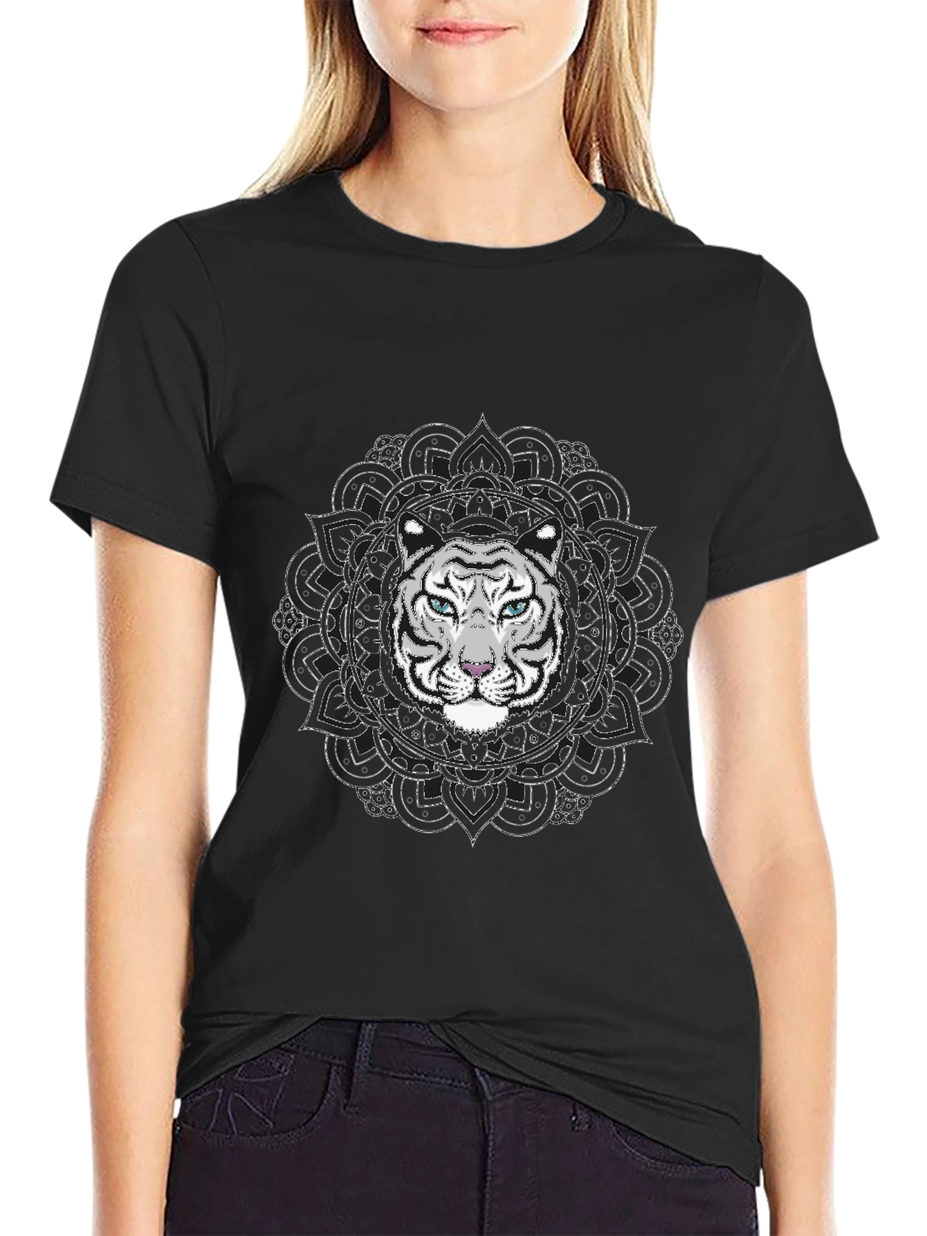 White Tiger Mandala Graphic Tee - Stylish Black T-Shirt