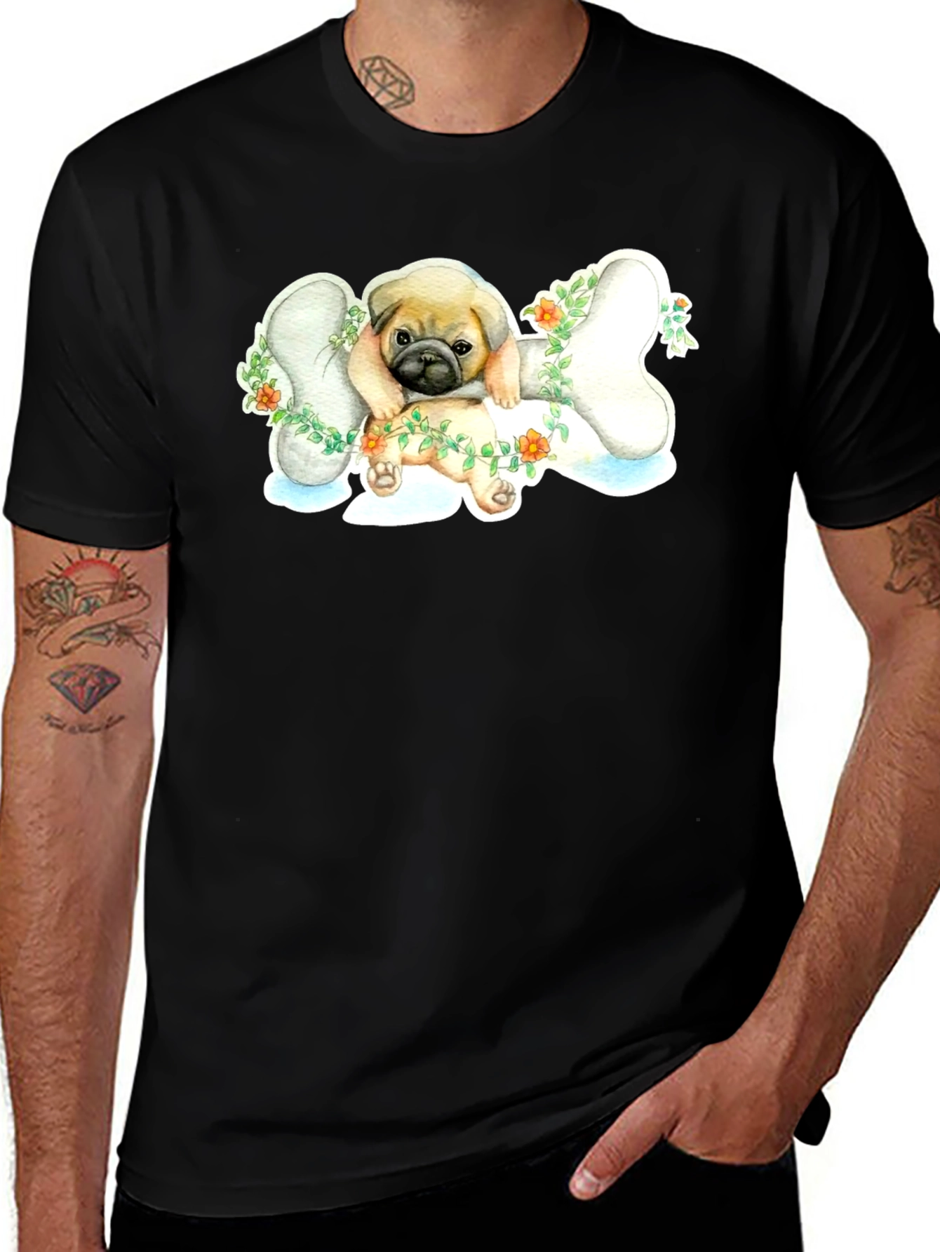 Pug on Bone T-Shirt - Cute Dog Lover Tee
