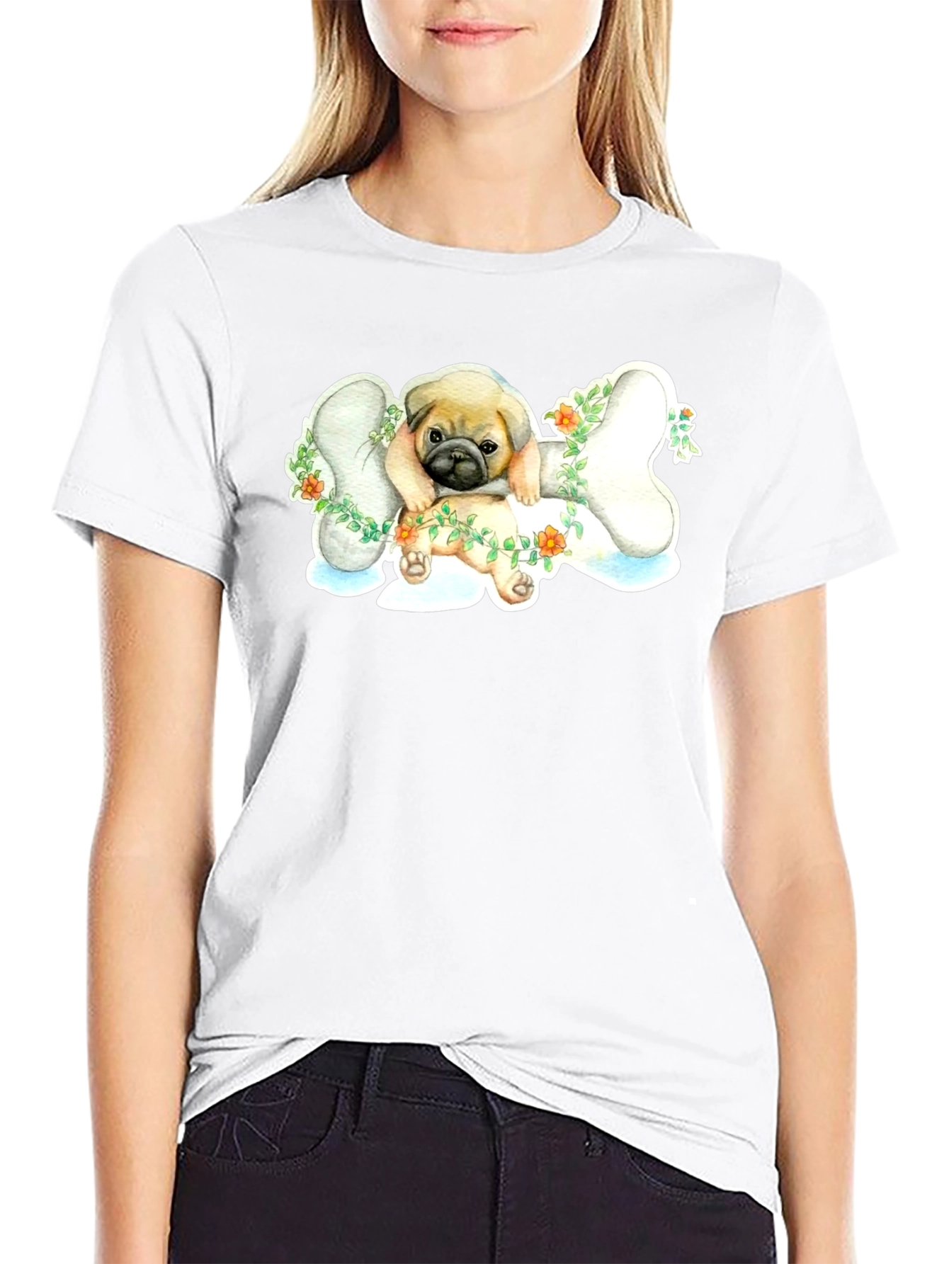 Pug on Bone T-Shirt - Cute Dog Lover Tee