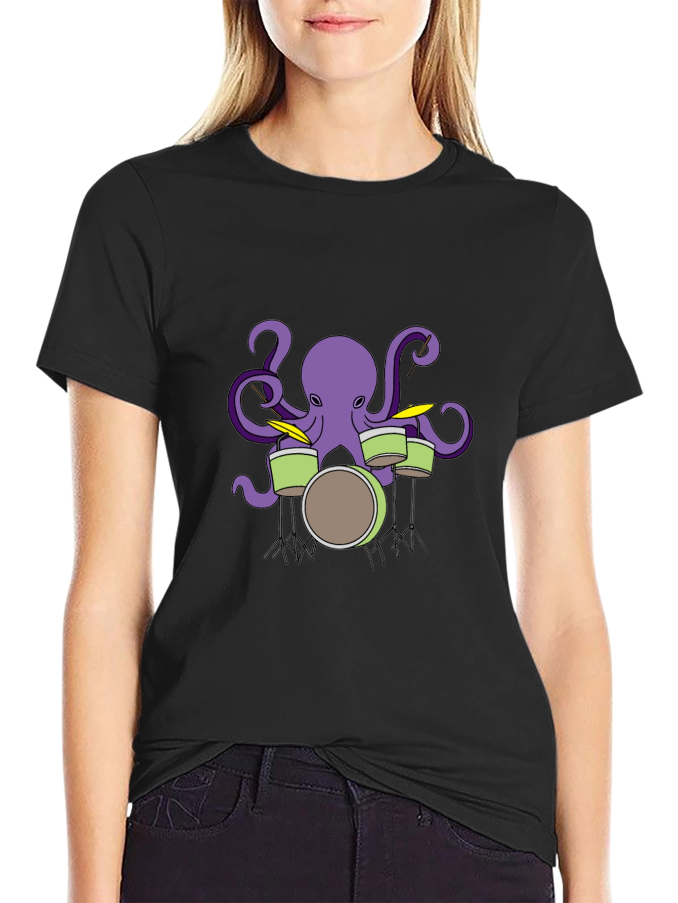 Octopus Drummer Graphic T-Shirt - Black