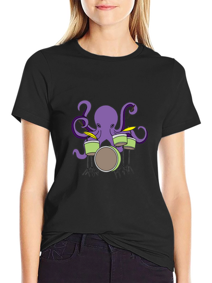 Octopus Drummer Graphic T-Shirt - Black