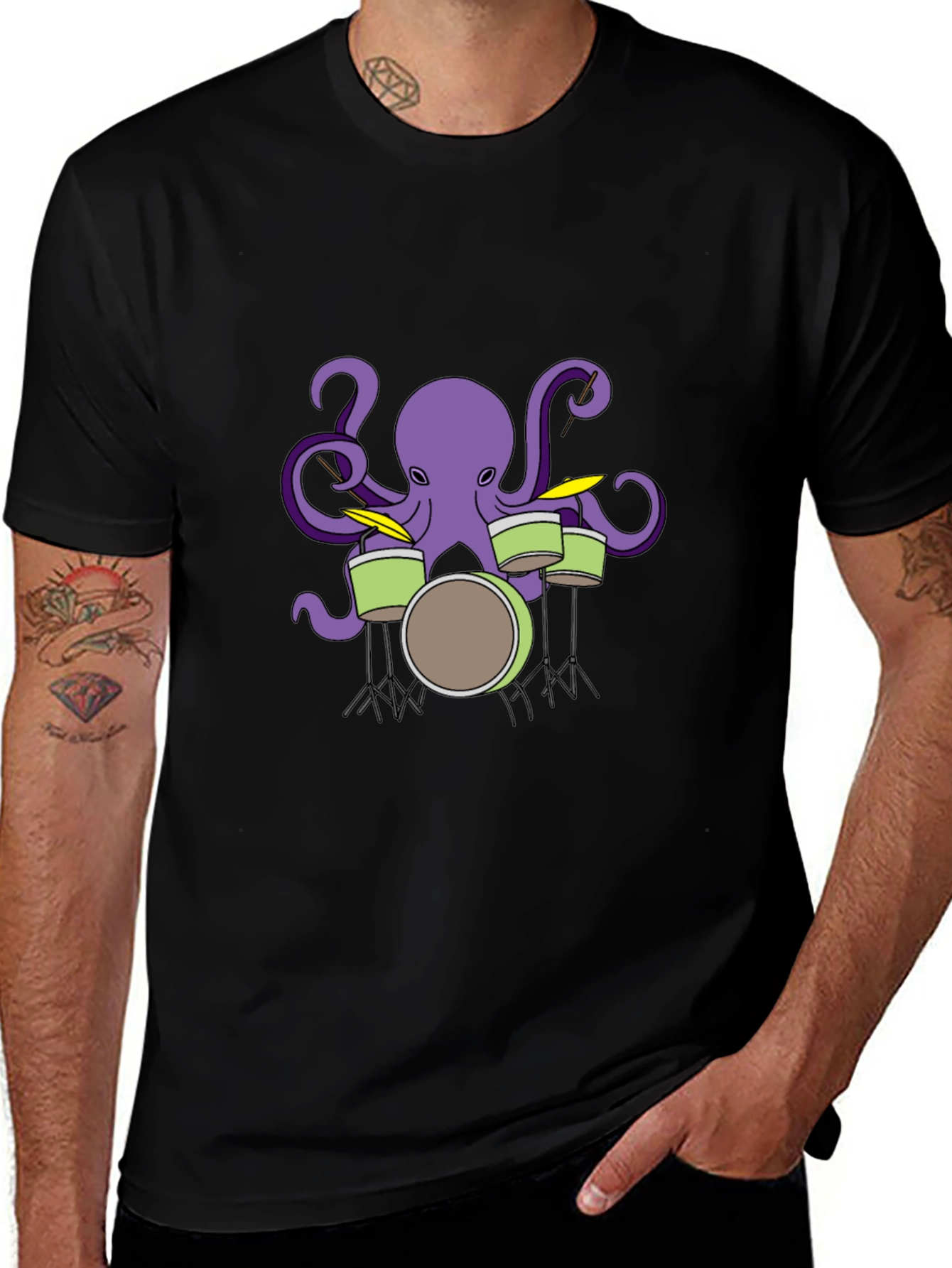 Octopus Drummer Graphic T-Shirt - Black
