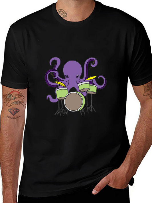 Octopus Drummer Graphic T-Shirt - Black
