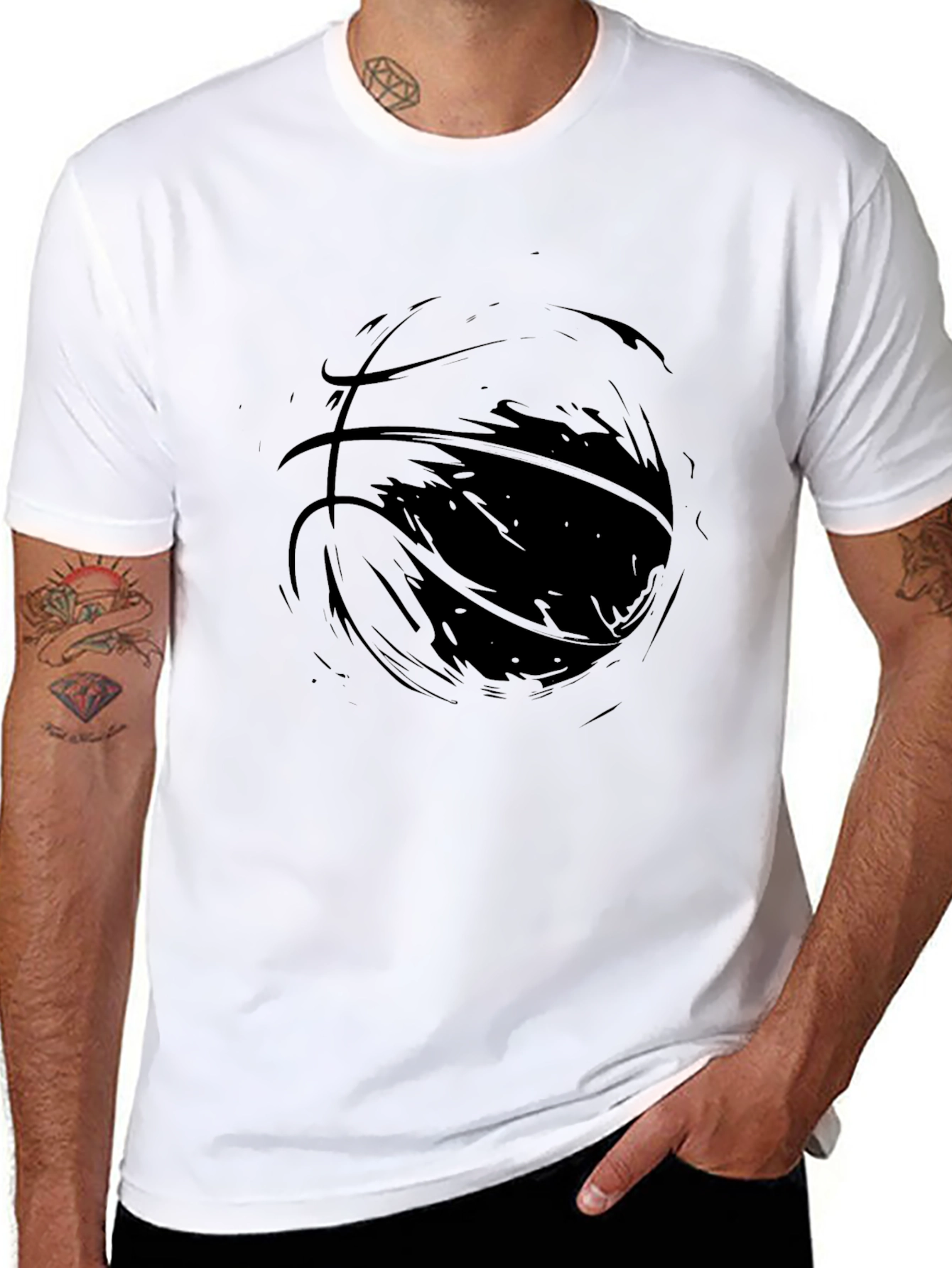 Mens Black Graphic Tee - Abstract Basketball Design