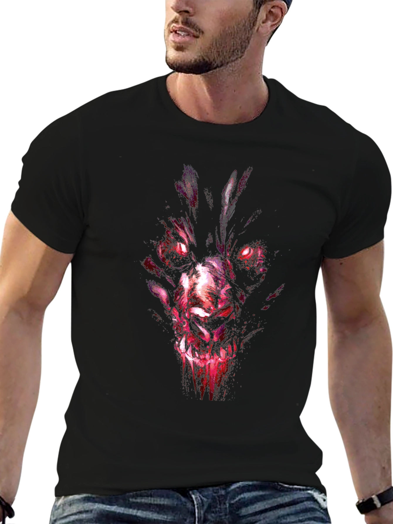 Mens Black Graphic Tee - Wolf Demon Design