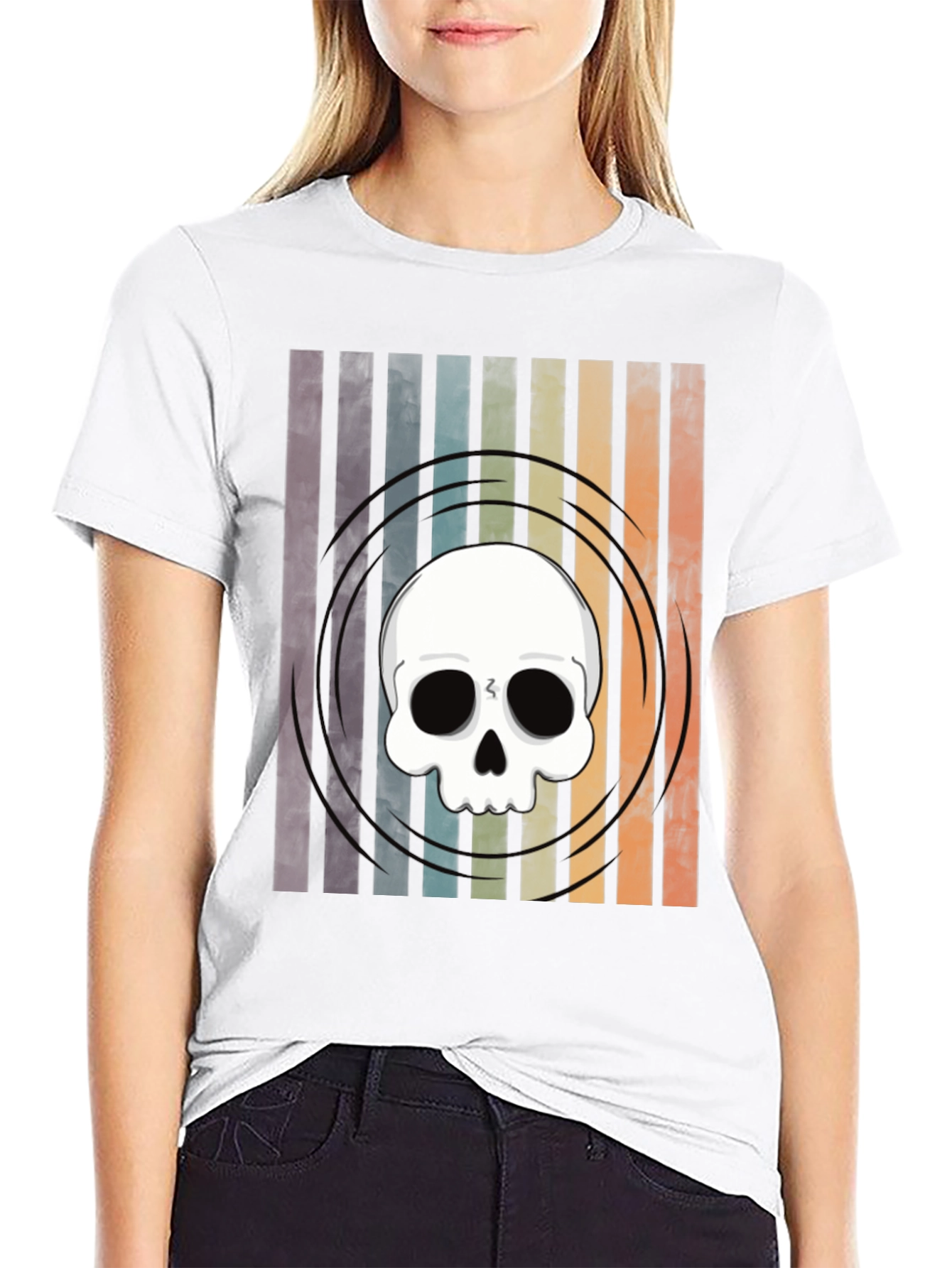 Striped Skull Graphic Tee - Retro Style