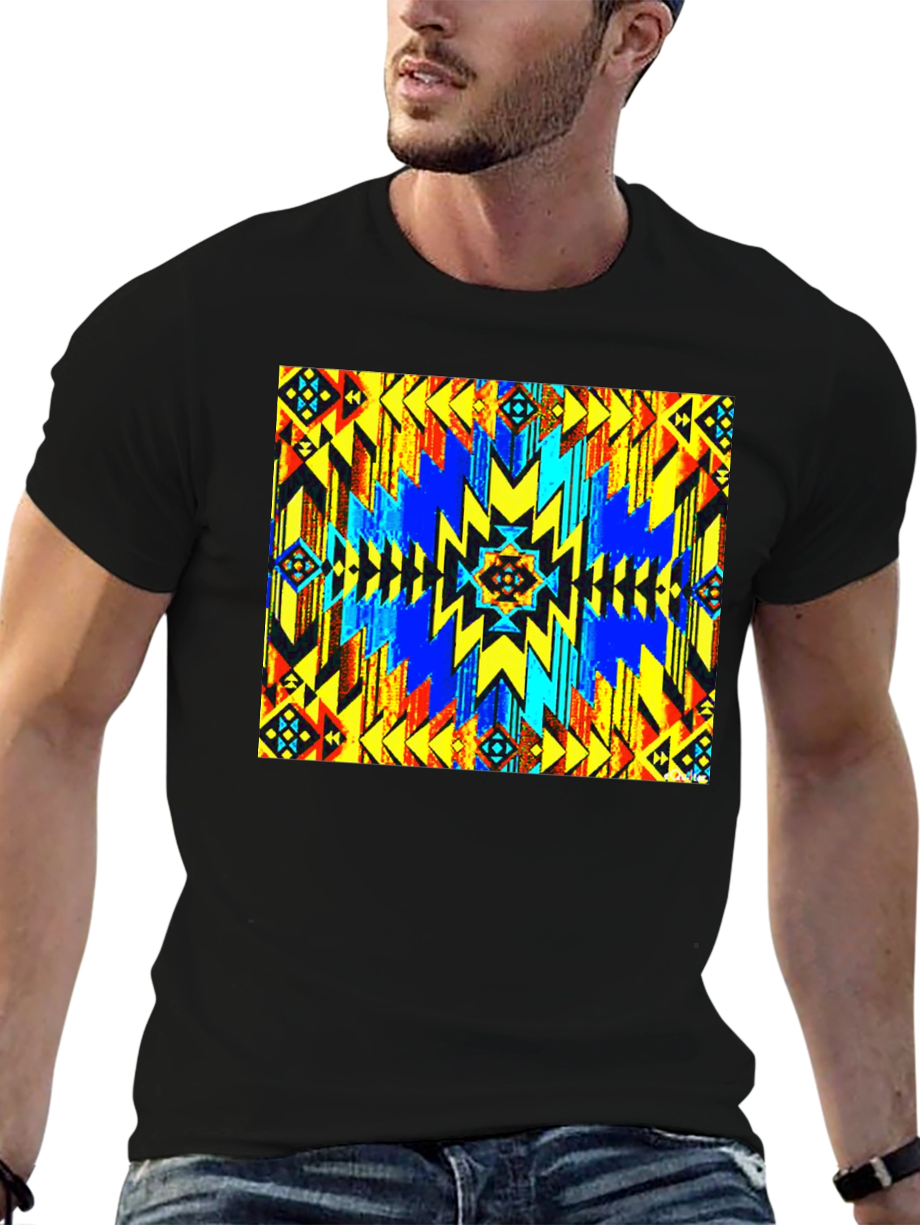 Aztec Geometric Print Black T-Shirt