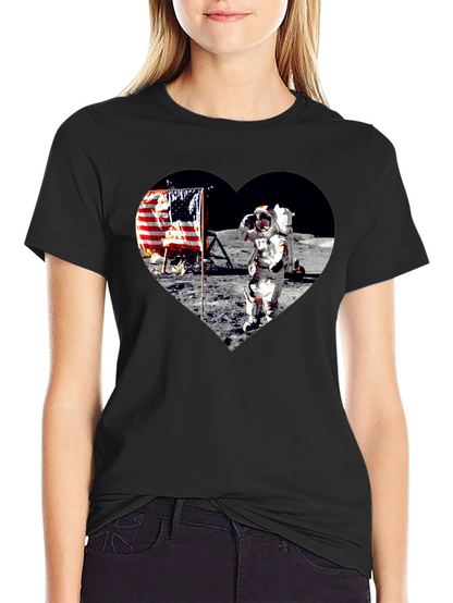 Moon Landing Heart Graphic Black T-Shirt