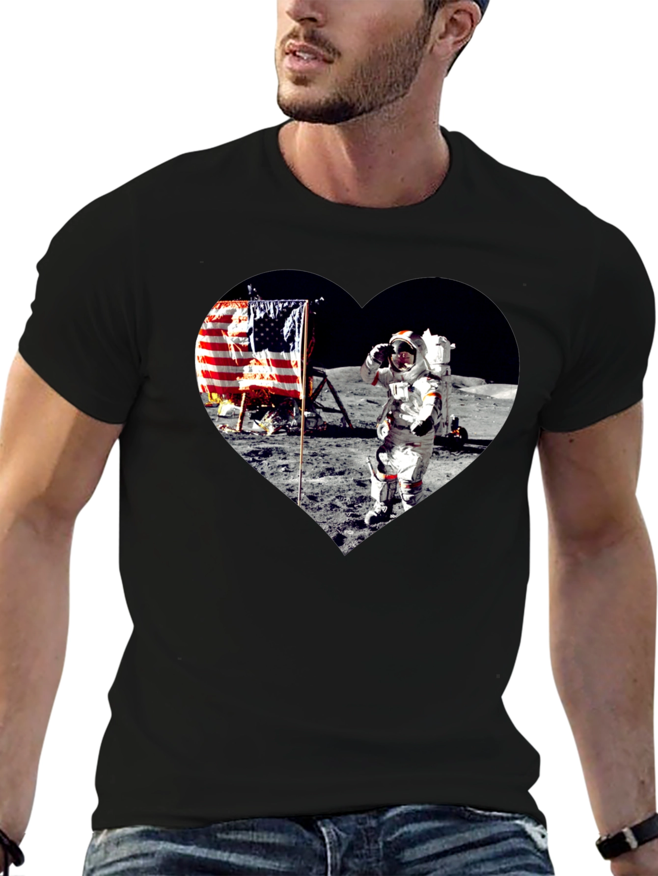Moon Landing Heart Graphic Black T-Shirt