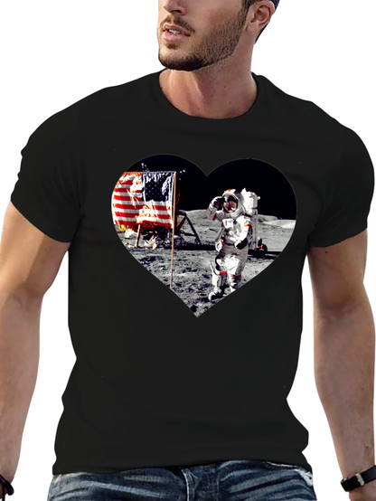Moon Landing Heart Graphic Black T-Shirt