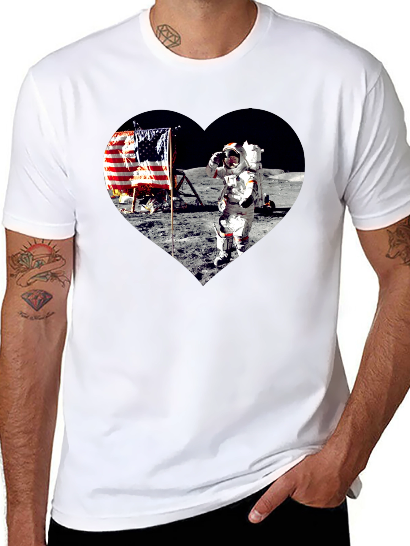 Moon Landing Heart Graphic Black T-Shirt
