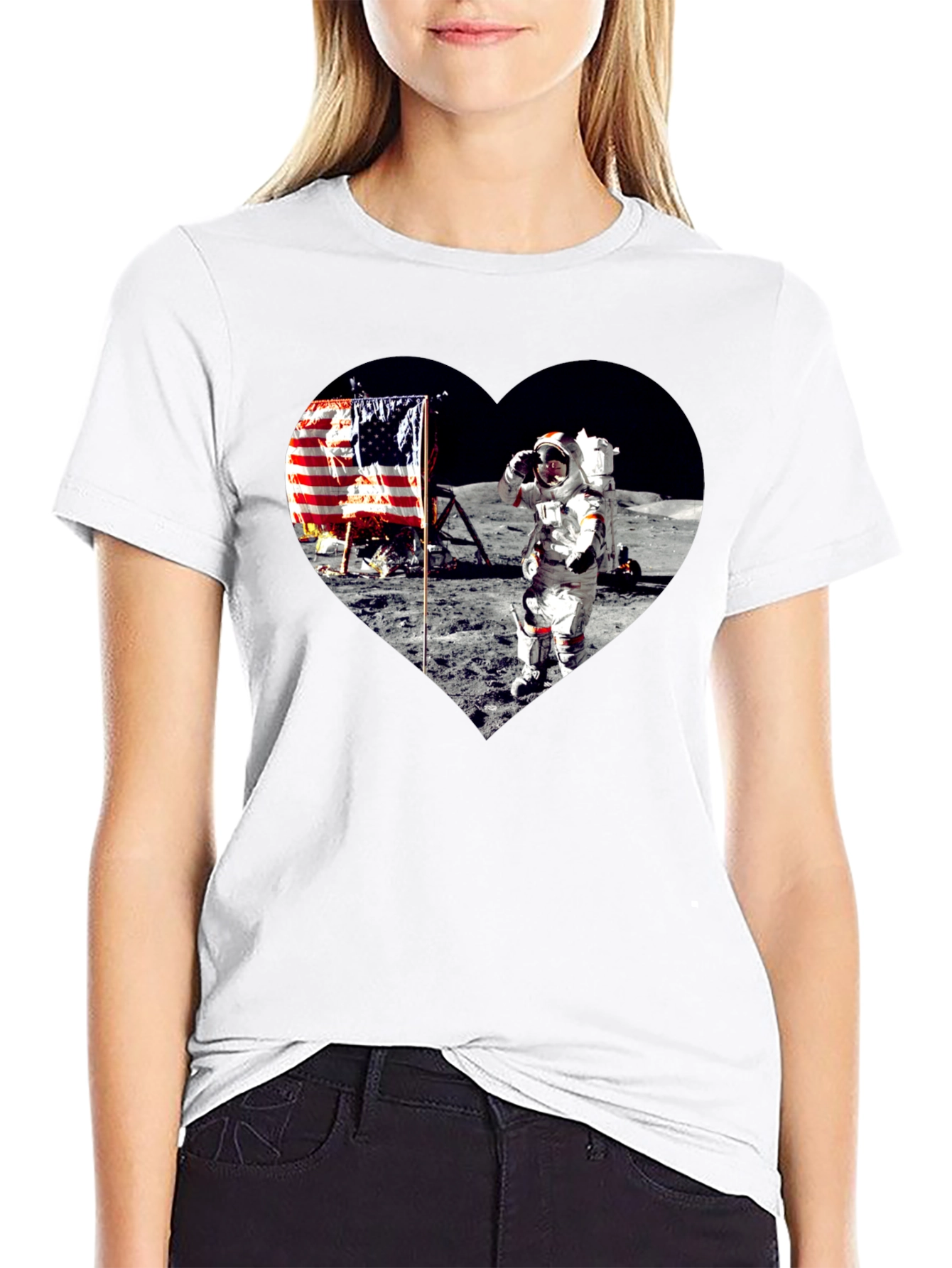 Moon Landing Heart Graphic Black T-Shirt
