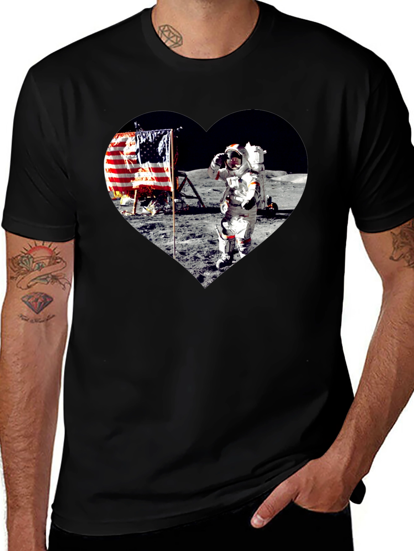 Moon Landing Heart Graphic Black T-Shirt