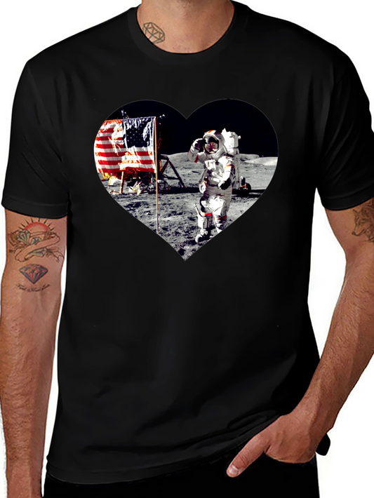 Moon Landing Heart Graphic Black T-Shirt