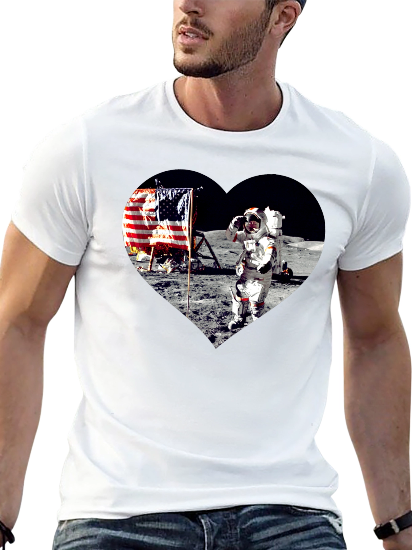Moon Landing Heart Graphic Black T-Shirt