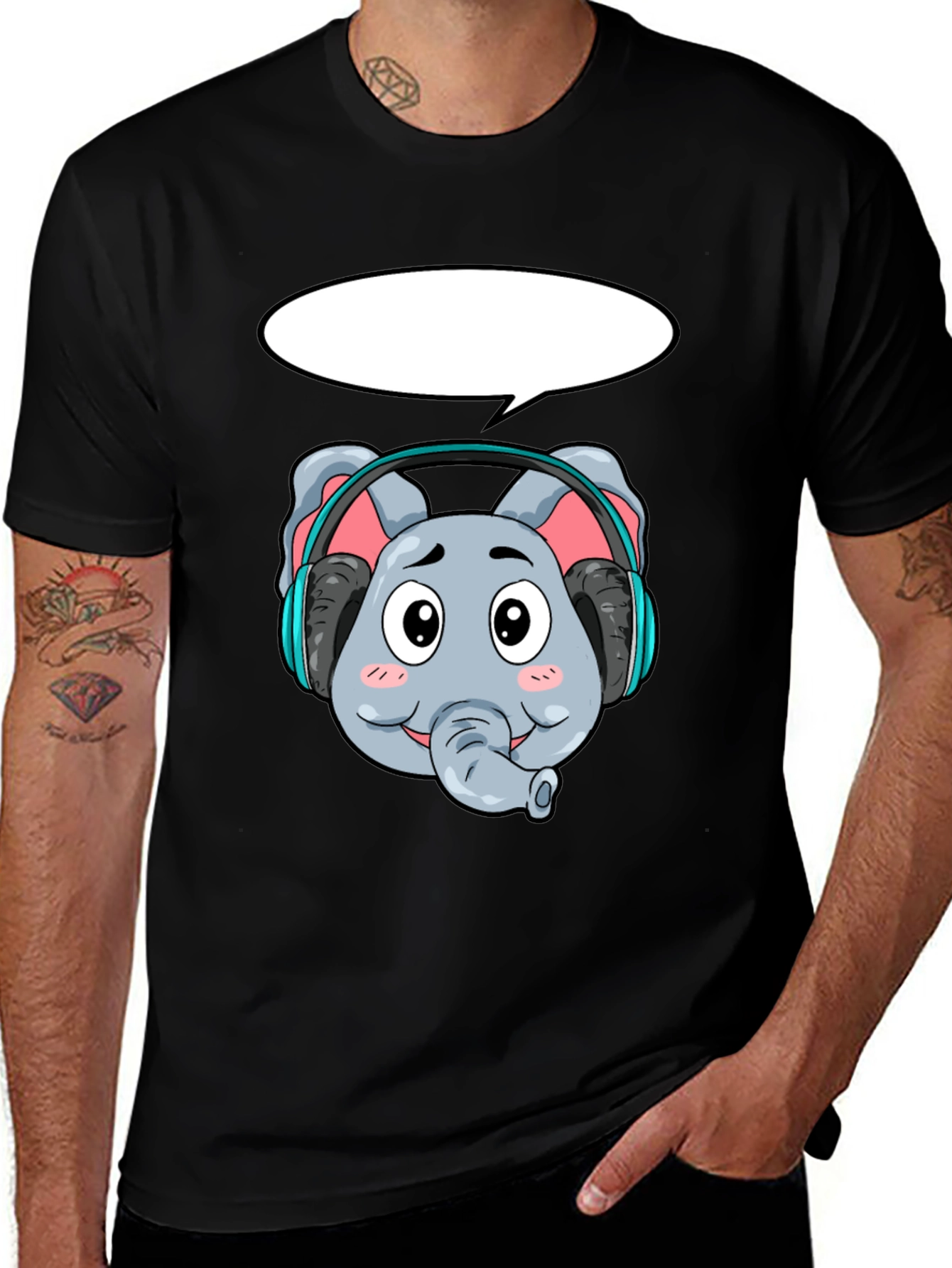 Cartoon Elephant Headphones Black T-Shirt