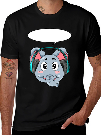 Cartoon Elephant Headphones Black T-Shirt