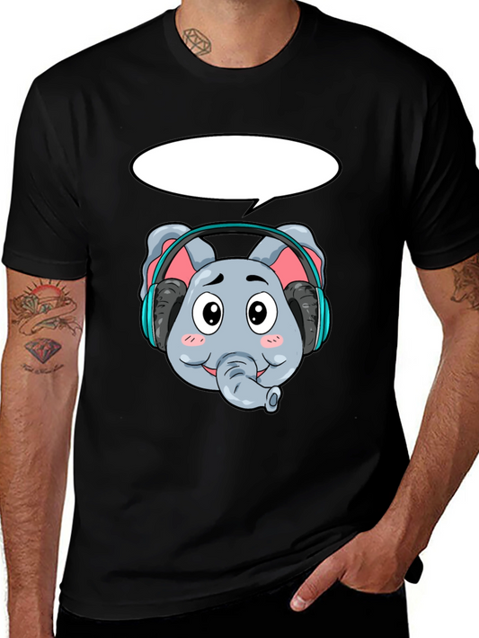 Cartoon Elephant Headphones Black T-Shirt