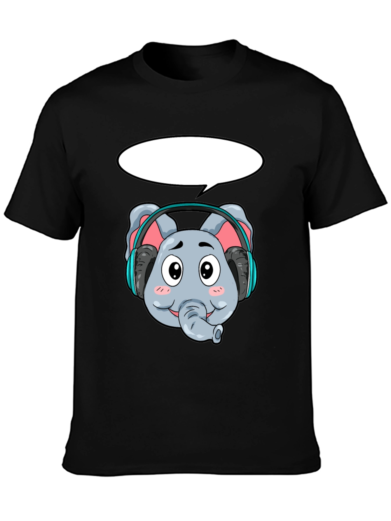 Cartoon Elephant Headphones Black T-Shirt