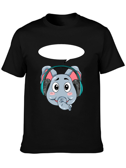 Cartoon Elephant Headphones Black T-Shirt