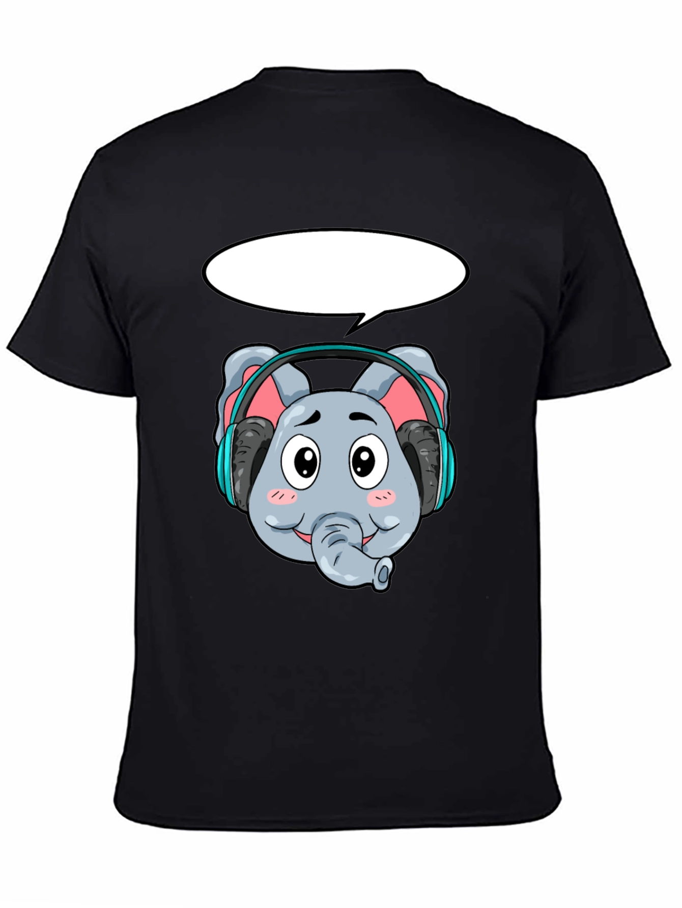 Cartoon Elephant Headphones Black T-Shirt