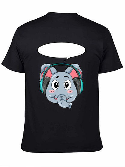 Cartoon Elephant Headphones Black T-Shirt