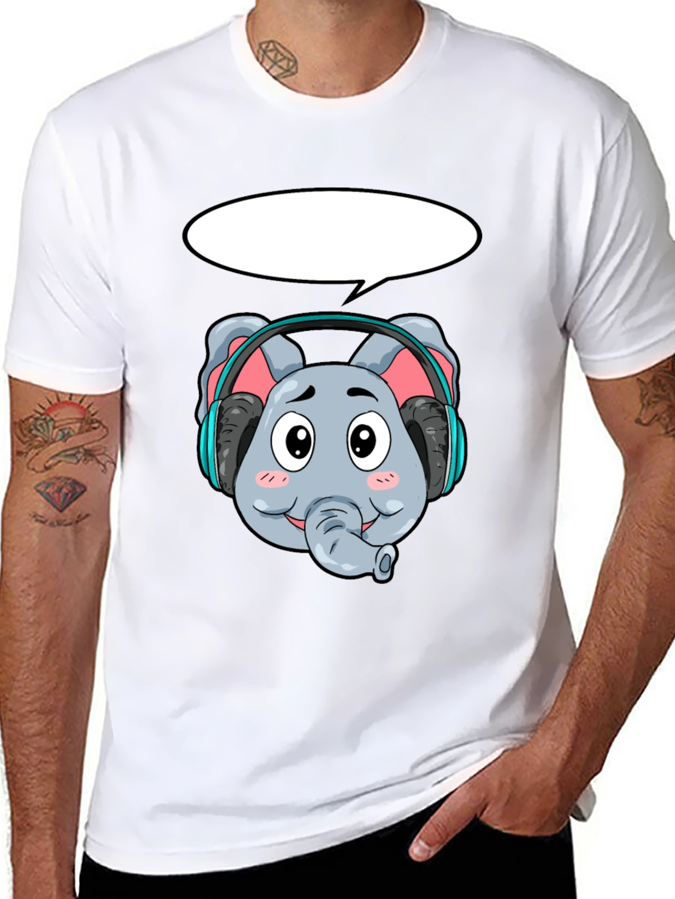 Cartoon Elephant Headphones Black T-Shirt