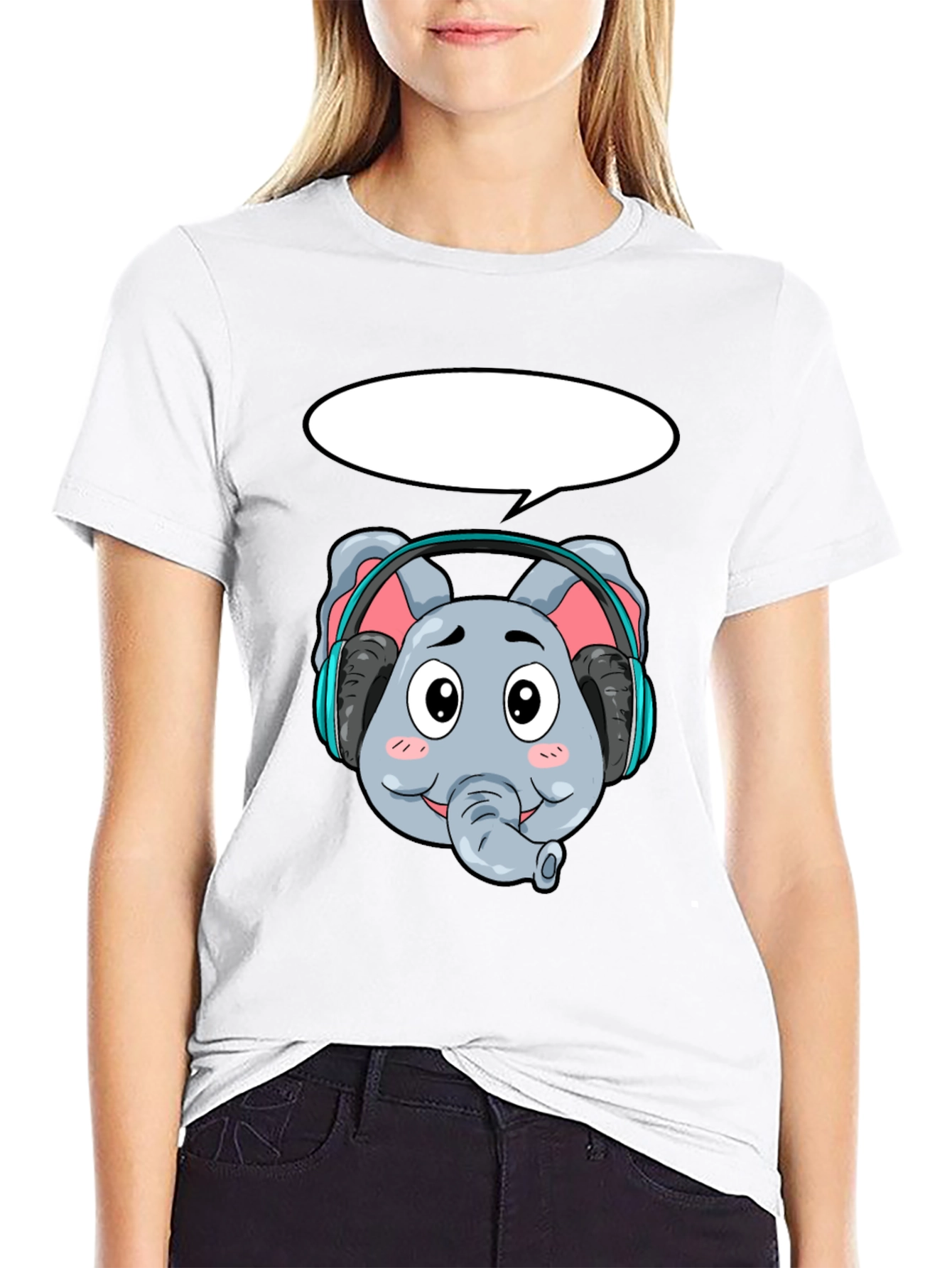 Cartoon Elephant Headphones Black T-Shirt