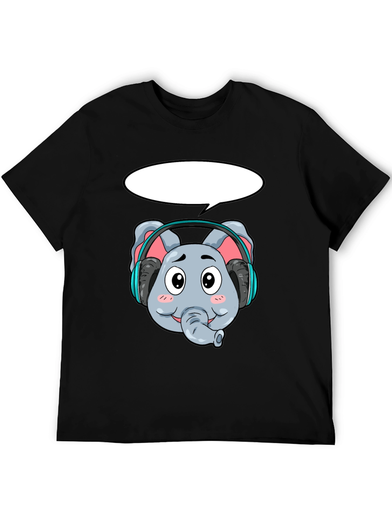 Cartoon Elephant Headphones Black T-Shirt