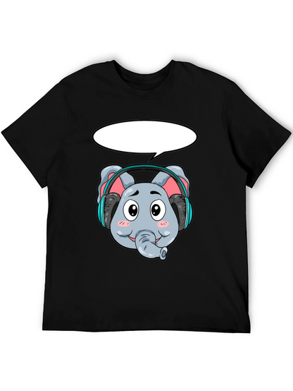 Cartoon Elephant Headphones Black T-Shirt