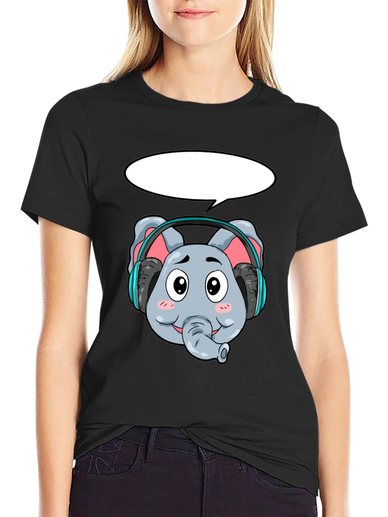 Cartoon Elephant Headphones Black T-Shirt