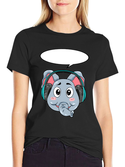 Cartoon Elephant Headphones Black T-Shirt
